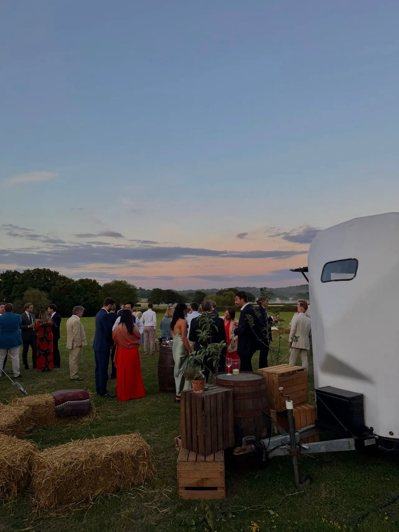 Guests gathered for an outdoor wedding reception beside the horsebox